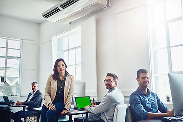 Image showing Laptop green screen, teamwork and portrait of business people in office. Collaboration, mockup product placement and group of employees with computers planning marketing, advertising or sales project