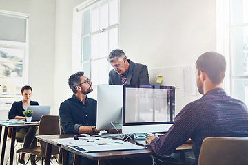 Image showing Coaching, training and business people with computer in office. Leadership, teamwork and collaboration of employees and mature men on pc working on advertising, marketing or sales project in company.