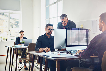 Image showing Training, coaching and business people with computer in office. Planning, teamwork and collaboration of employees on pc working on advertising proposal, sales report or marketing project in workplace