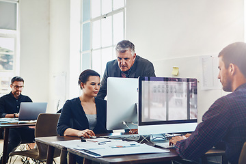 Image showing Coaching, training and business people with computer in office. Leadership, teamwork and collaboration of employees, woman and mature man on pc working on advertising, marketing or sales project.