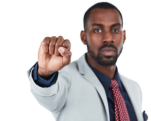 Image showing Portrait, hand or fist in empowerment, equality or business protest of human rights or black lives matter. Strong man, corporate worker or solidarity gesture in support on isolated white background