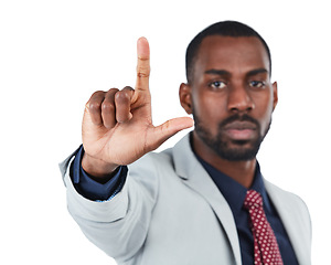 Image showing Hand, loser and fail with a business black man in studio isolated on a white background to gesture an L sign. Social media, emoji and review with a male employee giving feedback on blank space