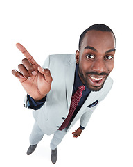 Image showing High angle, portrait or worker pointing finger on isolated white background, marketing space or advertising mockup. Smile, happy or corporate businessman in creative pov, mock up or show hand gesture