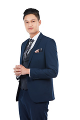 Image showing Asian businessman, portrait and hands clasped on isolated white background in about us, profile picture or corporate ID. Worker, employee and ready gesture on marketing mockup and advertising mock up