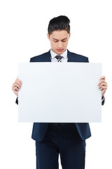 Image showing Thinking businessman, paper or poster mockup for marketing space, advertising mock up or promotion. Corporate worker, banner or blank billboard sign on isolated white background for about us branding