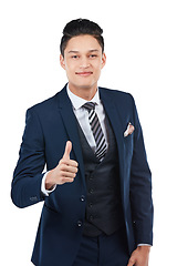 Image showing Asian, businessman portrait or thumbs up in success, vote or mission goals on isolated white background. Smile, happy or corporate worker in like, thank you or winner hands gesture or support trust