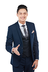 Image showing Asian businessman, portrait or handshake on isolated white background for deal, welcome or hello. Smile, happy or corporate worker in shaking hands gesture for thank you, partnership or collaboration