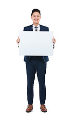 Image showing Portrait, worker or poster mockup for marketing paper space, advertising mock up and promotion. Banner, blank or billboard sign for happy, smile or corporate businessman on isolated white background