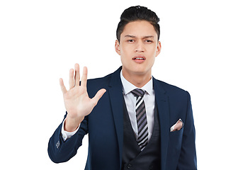 Image showing Businessman, anger face and stop hands for safety warning, wait and forbidden gesture isolated in white background. Man, corporate angry portrait and employee pause hand or body standing in studio