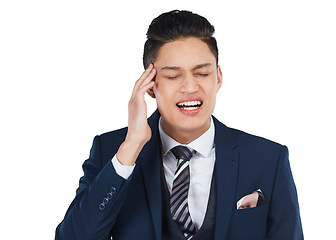 Image showing Burnout, stress and businessman with a headache with pain and feeling frustrated due to mental health. Corporate and professional employee depressed and isolated against a studio white background