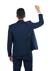 Image showing Man, hands up and fist in business empowerment, solidarity and community support on isolated white background. Corporate worker, employee and protest hand gesture for gender equality and human rights