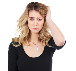 Image showing Sad, depression and portrait of woman on a white background for upset, depression and unhappy emotion. Sadness, fail and isolated girl with depressed, crying and negative facial expression in studio