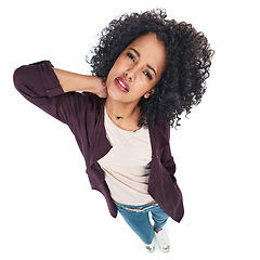 Image showing Tired, neck pain and black woman in studio portrait with moody, unhappy and frustrated face of people. Stressed, accident and fatigue of person with injury pain at isolated white background top view