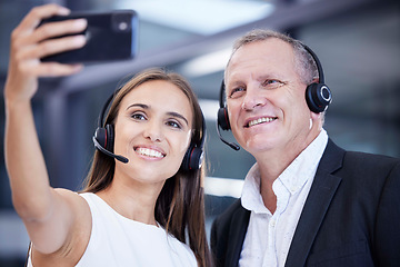 Image showing Call center, work and friends phone selfie smile at corporate customer service office in Australia. Workplace friendship and smartphone photograph with senior man and young woman working together.