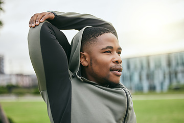 Image showing Stretching, arms and black man training in the city, fitness start and running motivation in Costa Rica. Commitment, vision and African runner with a warm up for cardio workout and body performance