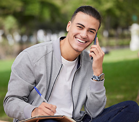 Image showing Phone call, park and student portrait writing in notebook at university, college or campus for research, planning schedule or scholarship. Man talking on phone and learning on grass for mental health