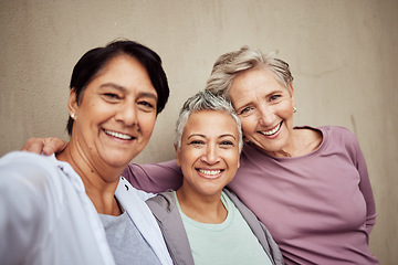 Image showing Senior women, selfie and happy fitness support together for exercise workout motivation, training wellness and retirement lifestyle. Elderly friends, sports portrait and happy face for cardio care