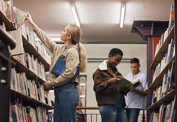 Image showing Education, book search or girl in library at university, college or school bookshelf learning or studying. Research, scholarship or gen z student focused on knowledge growth, goals or development