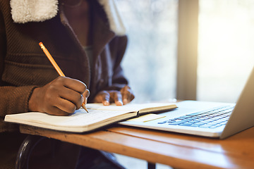 Image showing Student, hands and writing in notebook, studying and learning for exams, test and creative. Black person, make notes and laptop for typing, connection and prepare for proposal, university or academic