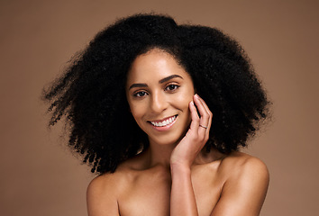 Image showing Face of black woman, beauty and skincare portrait with a smile, glow and happiness for clean skin on studio background. Aesthetic model with afro hair and dermatology, cosmetics and makeup results