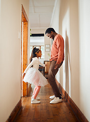 Image showing Dance, happy and ballet with father and daughter learning, support and carefree bonding. Princess, teaching and music with dad and girl in black family home for freedom, wellness and helping