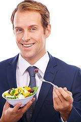 Image showing Business man, smile portrait and eating salad for healthy nutrition, green food diet and employee health motivation. Corporate man, vegan lunch meal and happiness, isolated in white background studio