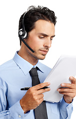 Image showing Customer service communication, documents and call center consultant on telecom microphone, contact us CRM or telemarketing. E commerce, customer support consulting and man review financial portfolio