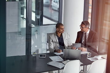 Image showing Business team, tablet and planning collaboration online for finance strategy or partnership. Management men together in a meeting discussion with documents and internet for tax audit report in office