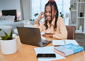 Image showing Black woman, laptop and student reading email communication, happy elearning and streaming lecture video. African girl, smile and studying online notes, textbook and planning remote college schedule