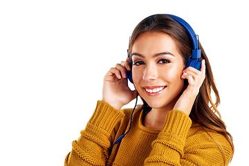 Image showing Woman, portrait and headphones for music in studio, audio and streaming on white background. Face, girl and happy smile with and student relax with radio, track and playlist while standing isolated