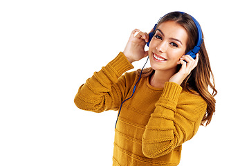 Image showing Music, portrait and woman with headphones in studio for dance, audio and fun on white background. Radio, earphones and face of girl, happy and smile for streaming, playlist and track while isolated