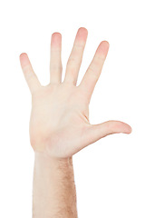 Image showing Numbers, showing and hand of a person for communication isolated on a white background in studio. High five, sign language and palm of a man for a warning, conversation and hello on a backdrop