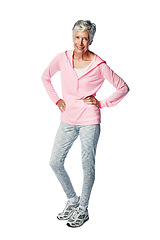 Image showing Portrait, fitness and a senior woman isolated in studio full body on a white background for marketing. Exercise, health and active seniors with a mature female posing to promote wellness or training