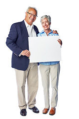 Image showing Senior, happy and blank sign couple portrait of elderly people holding a billboard poster. White background, isolated and marriage of retirement man and woman with advertisement and marketing space