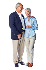 Image showing Senior, couple and love by man and woman happy and hugging isolated against a studio white background. Old people or elderly people feeling happiness and affection together enjoying retirement