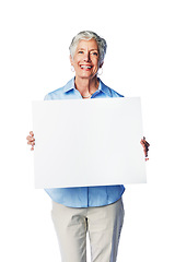 Image showing Placard mockup, portrait and senior happy woman with marketing poster, advertising banner or product placement. Studio mock up, billboard promotion sign and sales model isolated on white background