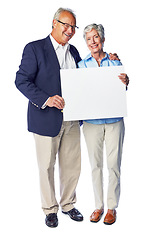 Image showing Senior couple, smile and blank sign portrait of elderly people holding a billboard paper. White background, isolated and marriage of retirement man and woman with advertisement and marketing space