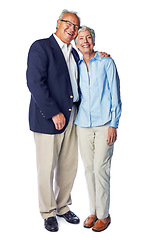 Image showing Love, body portrait of senior couple standing in studio and isolated on white background. Retirement, happy and healthy relationship, romance for elderly man with woman together in formal clothes.