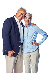Image showing Love, smile and portrait of senior couple hugging in studio, isolated on white background. Retirement, happy and healthy relationship, romance for elderly man with woman together in formal clothes.