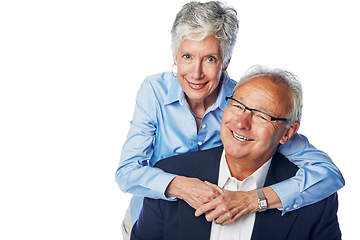 Image showing Senior couple, love and happy together for hug, support care and happiness isolated in white background studio. Elderly man, woman smile portrait and hugging, quality time romance or relax bonding