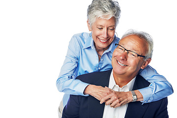 Image showing Senior, couple and mature man and woman happy and hugging isolated against a studio white background. Old people or elderly lovers feeling love and affection together enjoying retirement