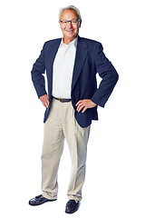 Image showing Happy senior and businessman full body portrait with confident, proud and corporate pose. Mature, professional and elderly boss with smile standing at isolated studio white background.