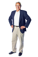 Image showing Senior, corporate and worker full body portrait with confident, proud and happy business pose. Mature, professional and elderly boss man with smile standing at isolated white background.