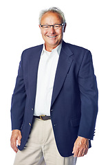 Image showing Senior manager and portrait of happy businessman with confident, proud and joyful smile in isolated studio. Corporate, mature and worker man with confidence in career mindset on white background.