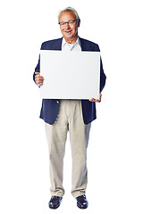 Image showing Poster, portrait mockup and senior man with marketing placard, advertising banner or product placement. Studio mock up, billboard promotion sign and happy sales model isolated on white background
