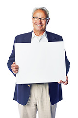 Image showing Poster mockup, portrait and senior business man with marketing placard, advertising banner or product placement. Studio mock up, billboard promo sign or happy sales model isolated on white background