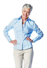 Image showing Portrait, smile and senior woman in studio, happy and relax against a white background. Elderly, real and lady enjoy retirement, proud and satisfied with retired lifestyle while standing isolated