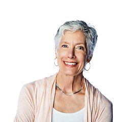 Image showing Happy, beautiful and portrait of a senior woman with a smile isolated on a white background in studio. Content, cheerful and confident face of elderly model in retirement with happiness on a backdrop