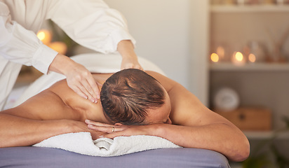 Image showing Spa, man and massage for luxury, health and relax for wellness, peace or lying on table. Male person, rich and self care for healthy lifestyle, zen treatment and grooming for stress relief and detox