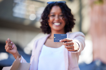 Image showing Shopping mall, money and woman showing credit card for finance of market promotion, retail payment and cash sales. Female customer, budget and shopping bag from store, ecommerce and financial freedom